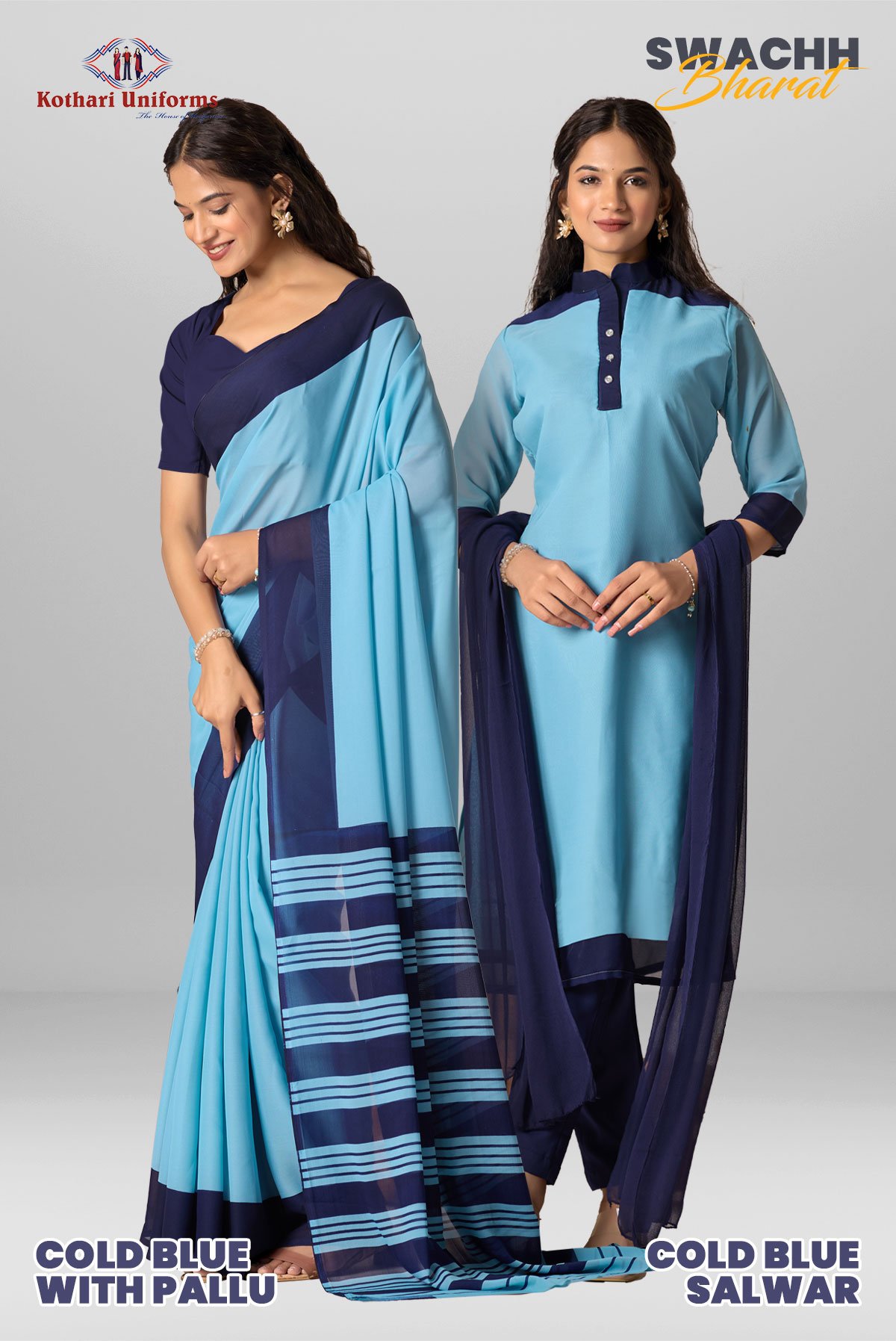 Cold Blue Saree (with Pallu) & Salwar | Uniform Saree Salwar Combo