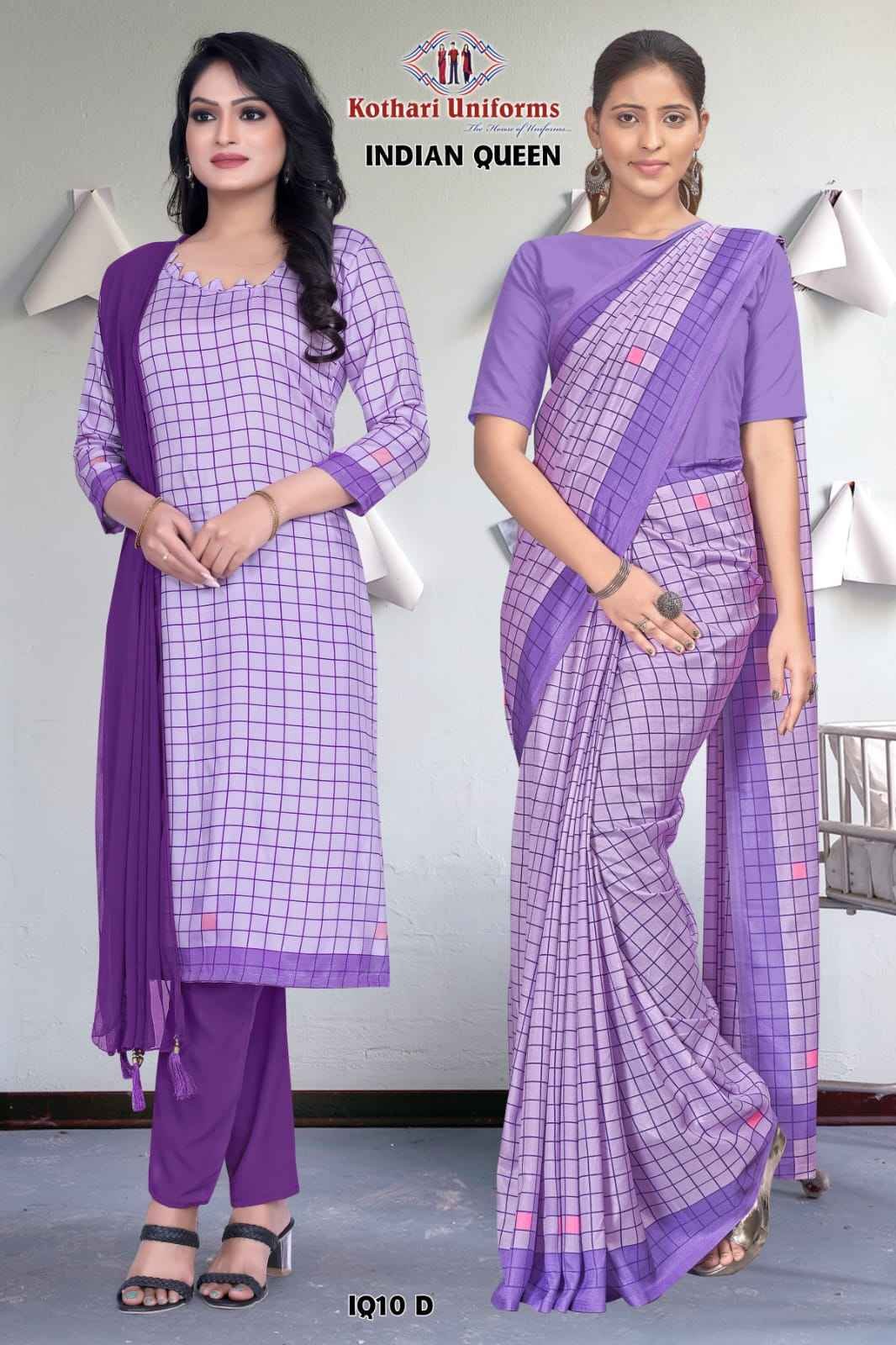 Purple checked Indian Queen - IQ10 D & CIQ10 D Women's Premium  Uniform Saree Salwar Combo for hospitals staffs