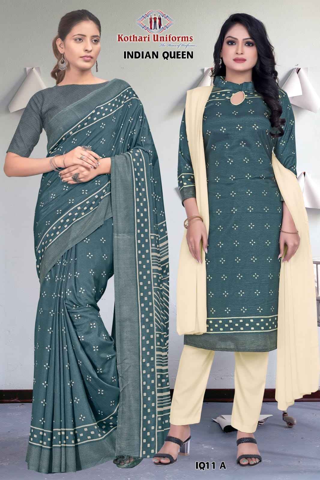  Blue Green Indian Queen - IQ11 A & CIQ11 A Women's Premium  Silk small Printed Industrial Uniform Saree Salwar Combo