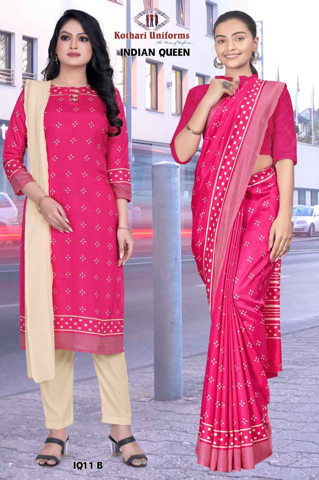  Pink and Blue Indian Queen - IQ11 B & CIQ11 B Women's Premium Small Printed Industrial Uniform Saree Salwar Combo