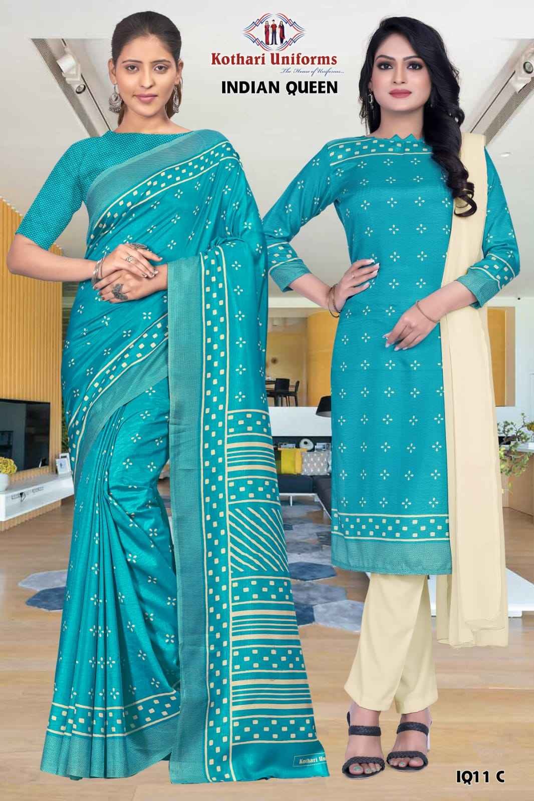 Light Sea Green Indian Queen - IQ11 C & CIQ11 C Women's Premium Non- Crepe  Printed Office Staff Uniform Saree Salwar Combo