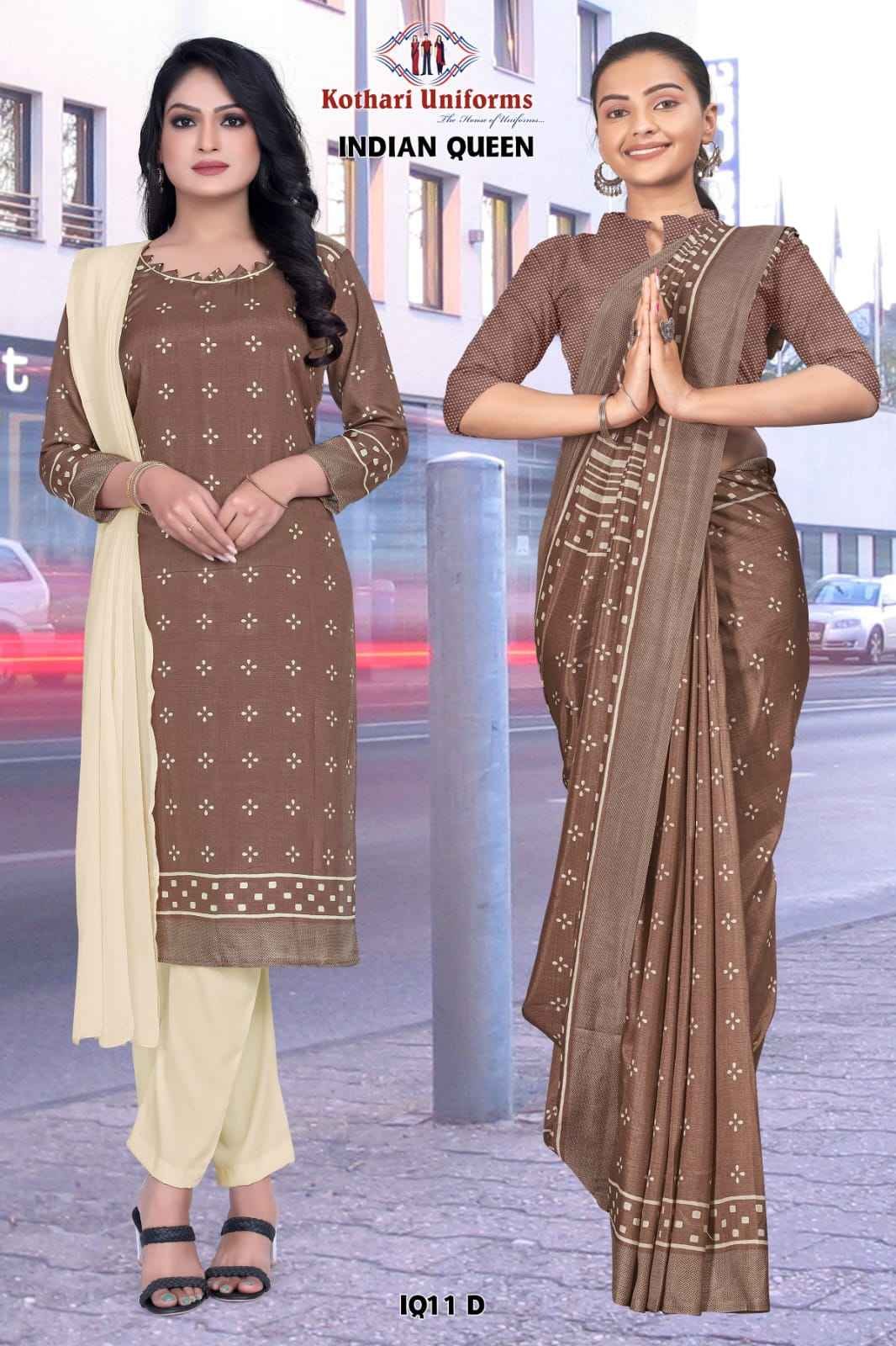 Brown and Beige Indian Queen - IQ11 D & CIQ11 D  Women's Premium Non Crepe  Printed Traditional Teacher Uniform Saree Salwar Combo