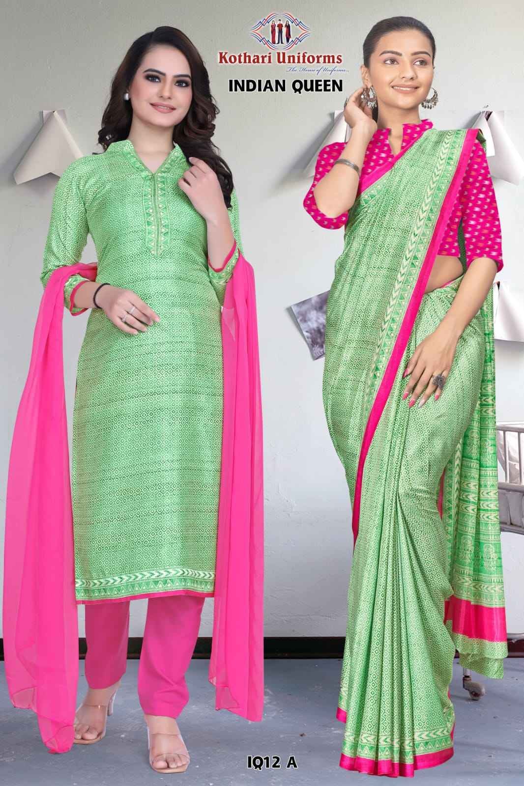 Green and Pink Indian Queen - IQ12 A & CIQ12A Women's Premium  Non Crepe Fine Print  Uniform Saree Salwar Combo For Office Staff