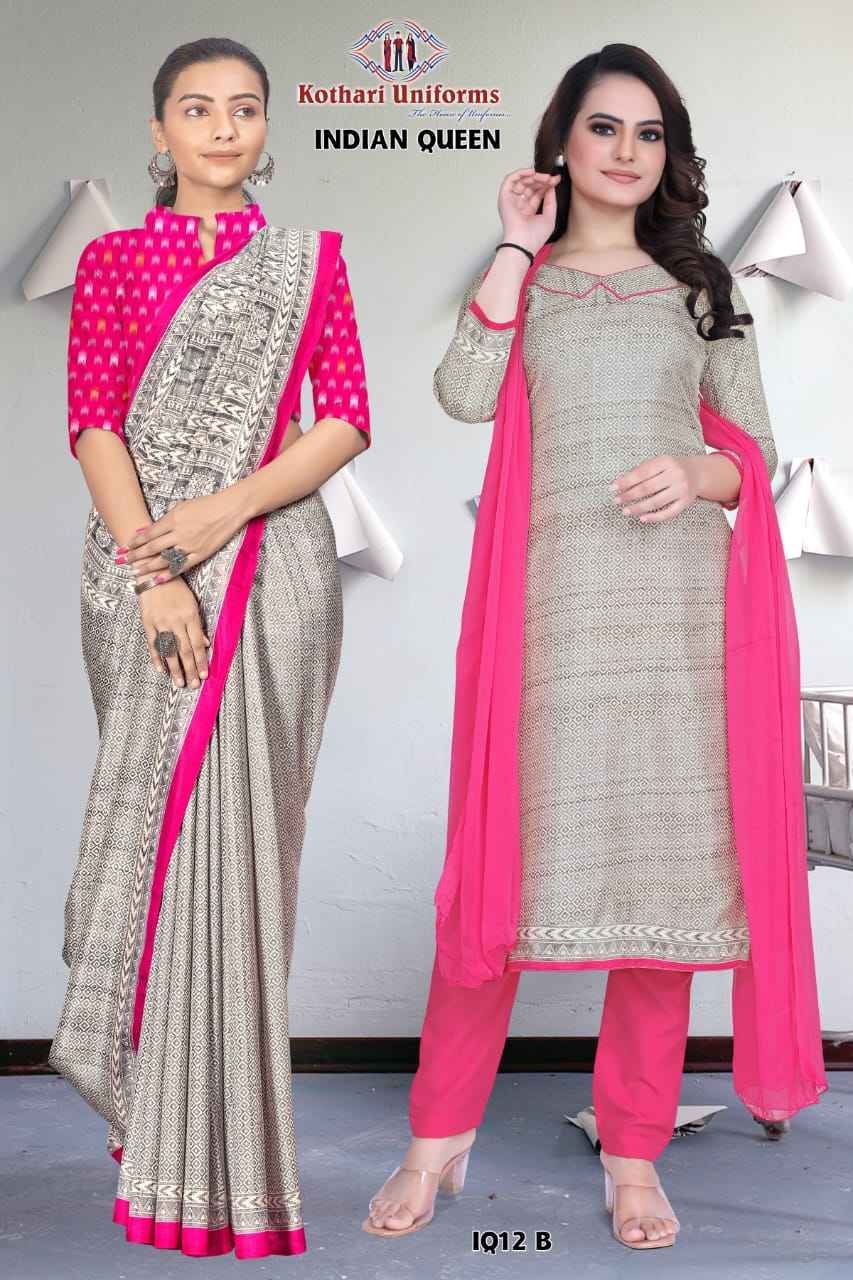  Grey and Pink Indian Queen - IQ12 B & CIQ12 B Women's Premium  Non-Crepe  Printed  Uniform Saree Salwar Combo For Office Staff