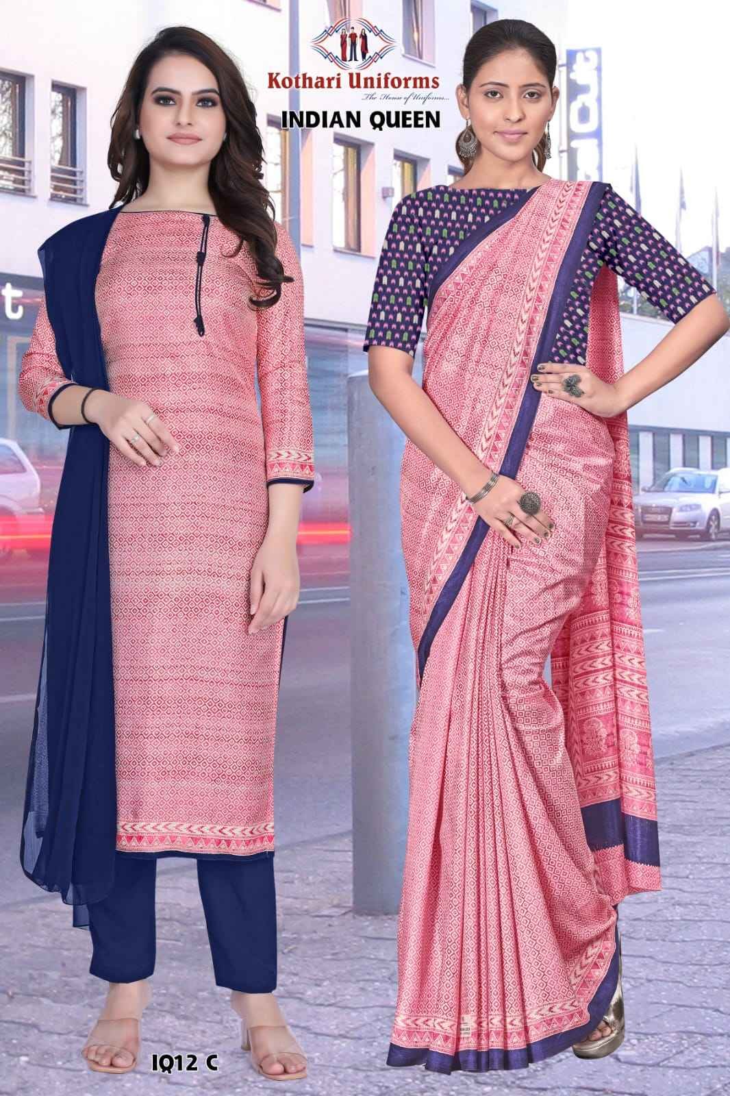  Pink and Blue Indian Queen - IQ12 C & CIQ12 C Women's Premium  Small Print School Teacher Uniform Saree Salwar Combo