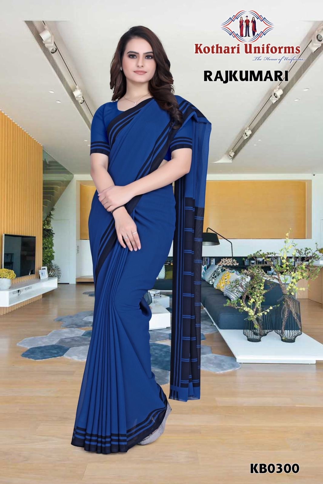 Rajkumari - KB0300 Royal Blue  Premium Georgette Plain Border Uniform sarees For womens