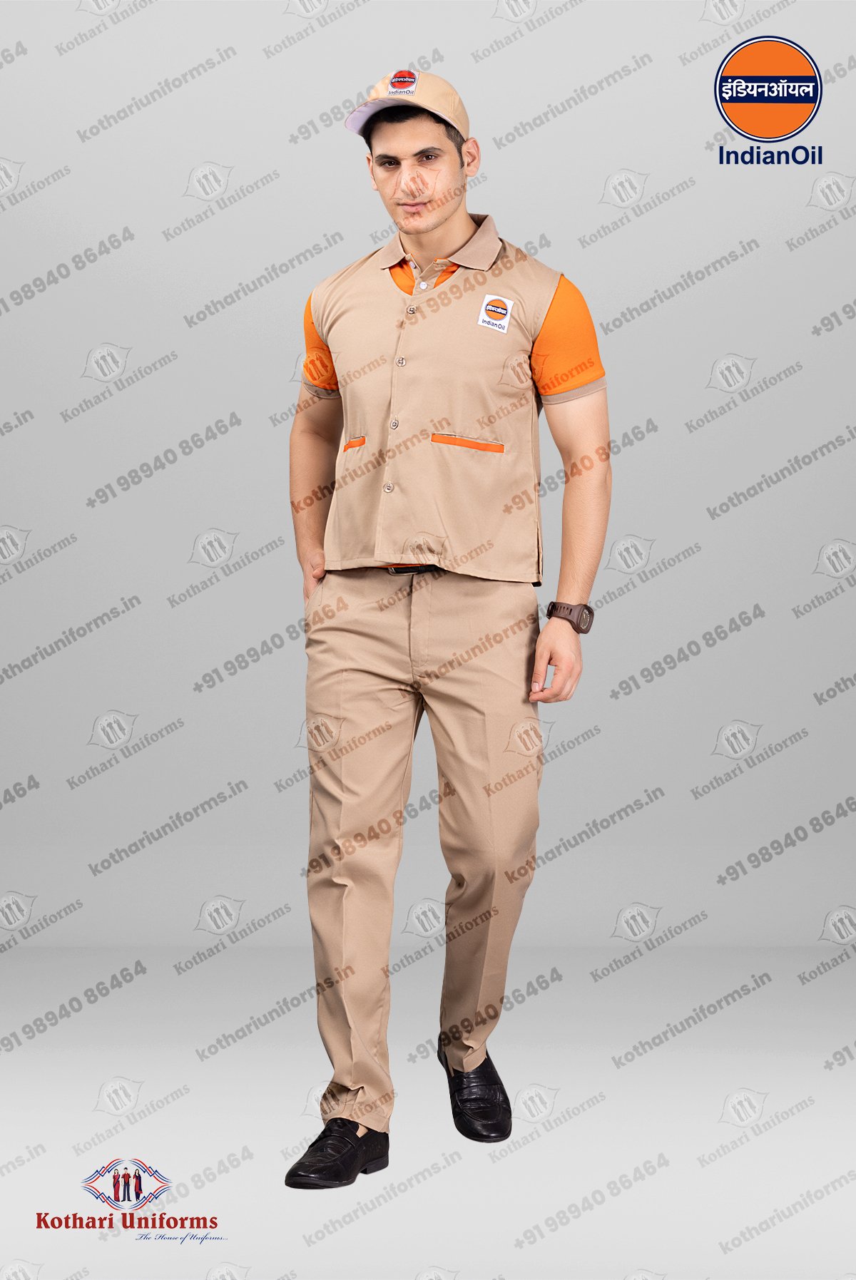 IOCL - Indian Oil Petrol Pump Filler Uniform - Sleeveless coat, Tshirt, Pant, & Cap