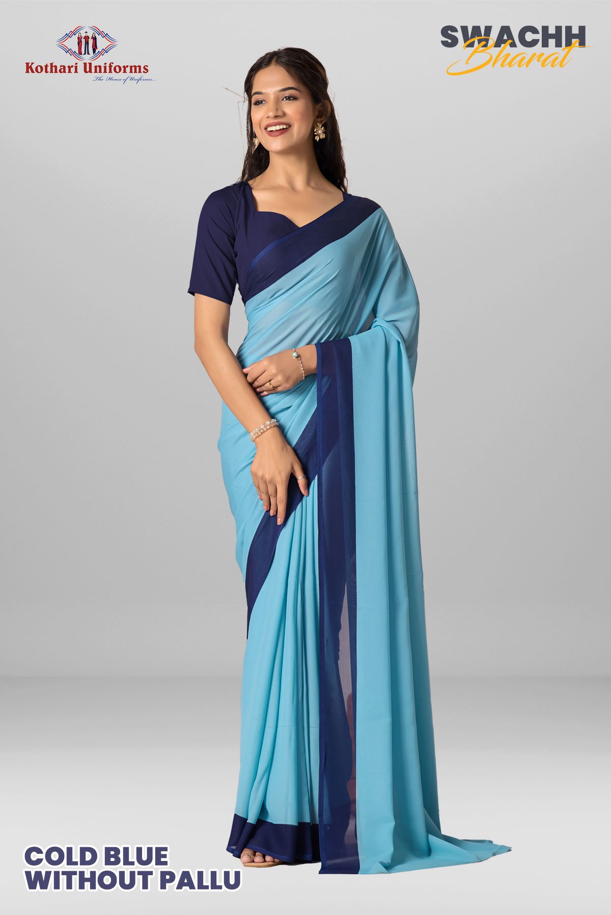 Cold Blue Without Pallu | Uniform Saree