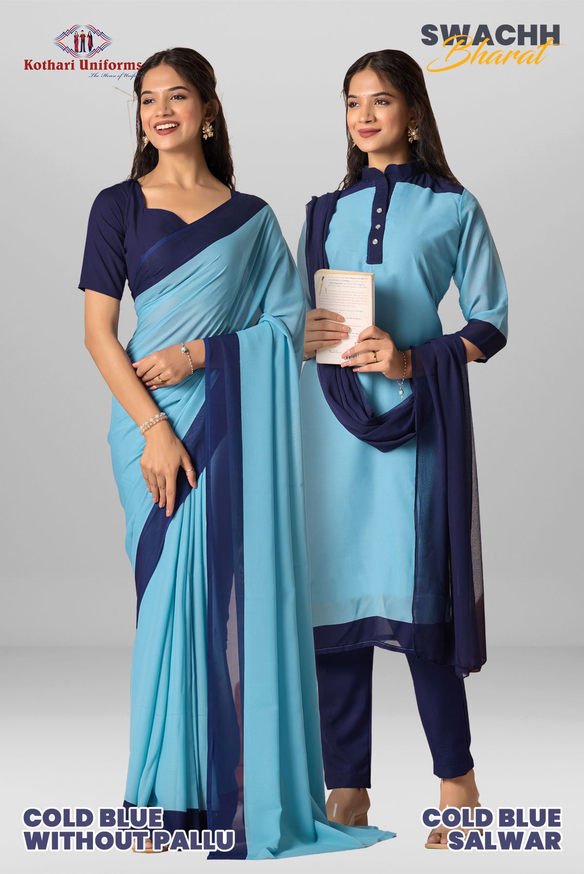 Cold Blue Saree (without Pallu) & Salwar | Uniform Saree Salwar Combo